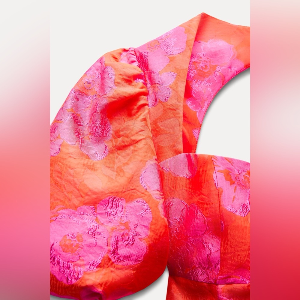 Zara dress mini puff wide sleeve cut out hot Pink Floral wedding summer vacation - Picture 10 of 12